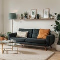 Interior in flat style banner Design of a modern room with a sofa lamp bookcase carpet shelves and houseplant Royalty Free Stock Photo