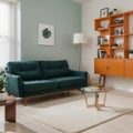 Interior in flat style banner Design of a modern room with a sofa lamp bookcase carpet shelves and houseplant Royalty Free Stock Photo