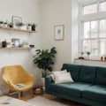 Interior in flat style banner Design of a modern room with a sofa lamp bookcase carpet shelves and houseplant Royalty Free Stock Photo