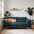 Interior in flat style banner Design of a modern room with a sofa lamp bookcase carpet shelves and houseplant Royalty Free Stock Photo