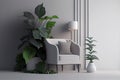 Interior frame living room with gray velvet armchair and plants on empty texture wall background Royalty Free Stock Photo