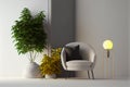 Interior frame living room with gray velvet armchair and plants on empty texture wall background Royalty Free Stock Photo