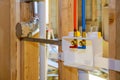 Interior framing of a plumbing outlet box for the laundry room in new home under construction Royalty Free Stock Photo