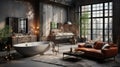 Interior of free layout loft style studio apartment. Dark grunge walls and concrete floor, vintage leather sofa, free