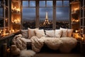 Interior of a French apartment overlooking the Eiffel Tower, winter evening in Paris