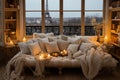 Interior of a French apartment overlooking the Eiffel Tower, winter evening in Paris. Royalty Free Stock Photo