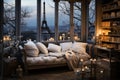 Interior of a French apartment overlooking the Eiffel Tower, winter evening in Paris.