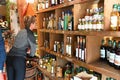 Interior of a French wine shop where gourmet enthusiasts find the most renowned labels on shelves