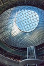 Interior of Fulton Center with the dome, oculus and curved stairs in Lower Manhattan, NYC