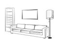 Interior furniture with sofa, floor lamp, book shelf, books and