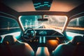 Interior of a futuristic luxury car with autonomous driven, illustration ai generative