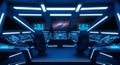 Futuristic Spaceship Bridge with Starfield View and Blue Illumination cockpit science fiction Royalty Free Stock Photo