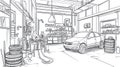 Car Workshop Scene with Mechanic, Car, and Tires - Sketch Style Royalty Free Stock Photo