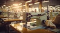 Interior of garment factory shop. Sewing factory. Tailoring industry Royalty Free Stock Photo