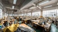 Interior of garment factory shop. Sewing factory. Tailoring industry Royalty Free Stock Photo