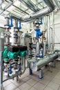 Interior gas boiler room with multiple pumps and piping Royalty Free Stock Photo