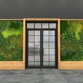 Interior with a glass entrance door and green wall with vertical gardening. Style loft. 3D visualization.