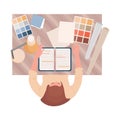 Interior or graphic designer at work vector flat top view illustration. Designer, creative worker at workplace. Royalty Free Stock Photo