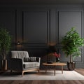 Interior with gray armchair and coffee tables in living room with wooden panelling and black wall, home design 3d rendering Royalty Free Stock Photo