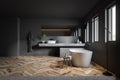 Interior of gray bathroom with sink and tub