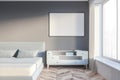 Interior of gray master bedroom with poster Royalty Free Stock Photo