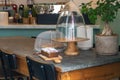 Interior of a Greek restaurant with pastry on the table. Island of Paros. Cyclades, Greece Royalty Free Stock Photo