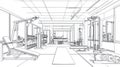 Gym Interior Sketch with Weight Machines, Dumbbells and Gym Equipment Royalty Free Stock Photo