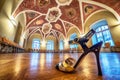 Interior: a hall with paintings, a tango shoe in the foreground