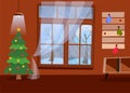 The interior of hallway in brown tones with large window overlooking winter landscape and snowy trees. In the room there is table Royalty Free Stock Photo