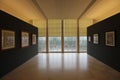 Interior with hanging pictures and empty hall of modern art museum of Serralves, Portugal