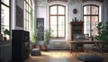 Interior of hipster german flat in old building, rustic design with off white walls and wooden decor, AI generative