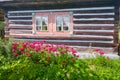 The front face of old wooden house in open air museum in Stara Lubovna Royalty Free Stock Photo