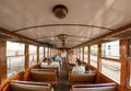 Interior of historical train with brown leather coach seats, railway of Soller , Majorca, Balearic Islands, Spain, Europe