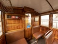 Interior of historical train with brown leather coach seats, railway of Soller , Majorca, Balearic Islands, Spain, Europe