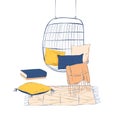 Interior home design set: hanging chair, pillows, cover, carpet. Collection with hand drawn furniture. Urban jungle modern macrame