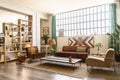 Interior home decoration. Beautiful industrial living room with relax sofa and armchairs.
