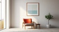 Minimalist Mid-century Living Room With Red Chair And Framed Poster