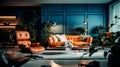 Interior home with orange and blue color, Cinematic lighting