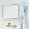 Interior horizontal orientation poster mockup with antique greek sculpture muse Polyhymnia. Rendering, 3d illustration