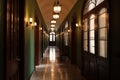 Interior of a hospital, or apartment corridor with arched windows and lanterns. Colonial, country style