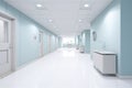 Interior of a hospital corridor with blue walls, white tiled floor and glass doors. 3d rendering, Empty modern hospital corridor Royalty Free Stock Photo