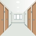 Interior hospital or hotel corridor with doors on the sides