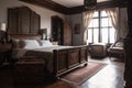 Interior of a hotel or apartment bedroom with wooden bed and antique furniture. Colonial style