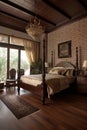 Interior of a hotel or apartment bedroom with a wooden bed and wooden furniture. Colonial style