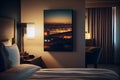 Interior of a hotel bedroom with a bed and a poster. AI Generative Royalty Free Stock Photo