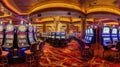 Interior of a hotel casino. Gambling slot machines, poker, and blackjack. Craps and betting on the Las Vegas strip.