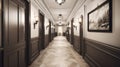 Interior of a hotel corridor with black walls and wood floor. Colonial, country style Royalty Free Stock Photo