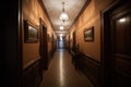 Interior of a hotel corridor with classic doors and ceiling lamps. Colonial, country style Royalty Free Stock Photo