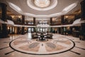 Interior of a hotel lobby. Luxury hotel lobby interior. A big and luxurious hotel lobby interior with beautiful chandeliers and a Royalty Free Stock Photo