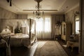 Interior of a hotel room with a double bed and a mirror Royalty Free Stock Photo